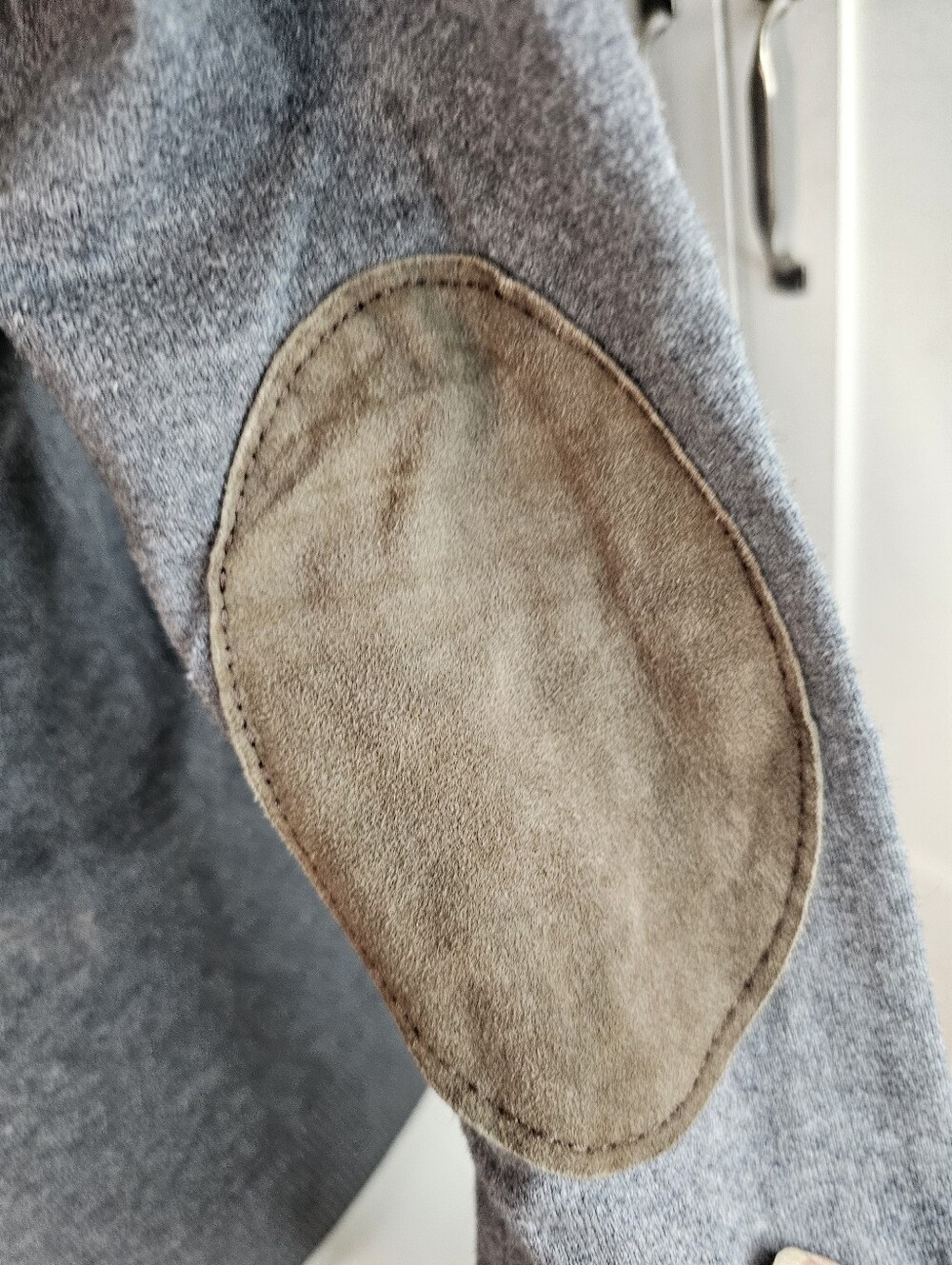 Massimo Dutti Women L Gray Cotton Silk Cashmere V Neck Sweater Suede Elbow Patch - Picture 3 of 12